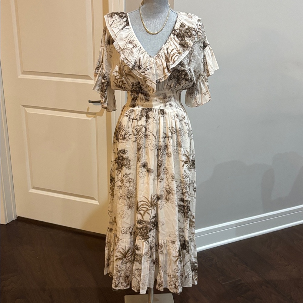 Sandro Paris "Marro" ruffled printed gauze midi dress Cream Safari print Dress